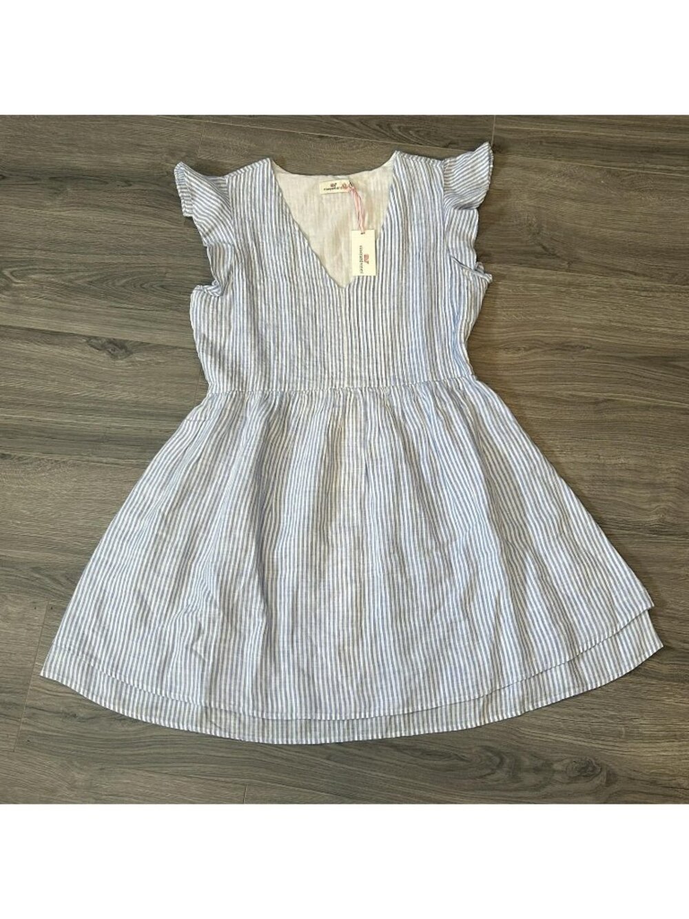 Vineyard Vines Dress Women M Blue Stripe Linen Pintuck Flutter Sleeve Fit Flare